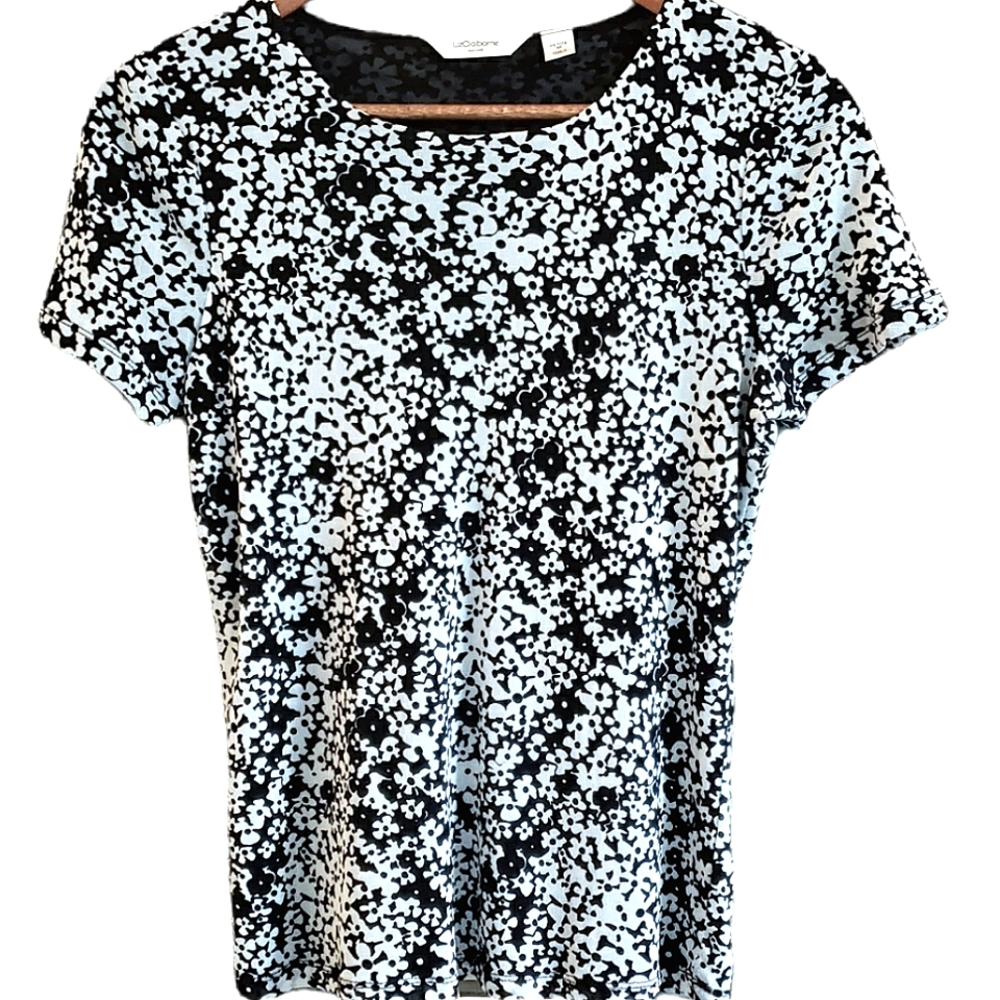 Liz Claiborne Semi Sheer Short Sleeve Black/White Floral Blouse, Petite M
